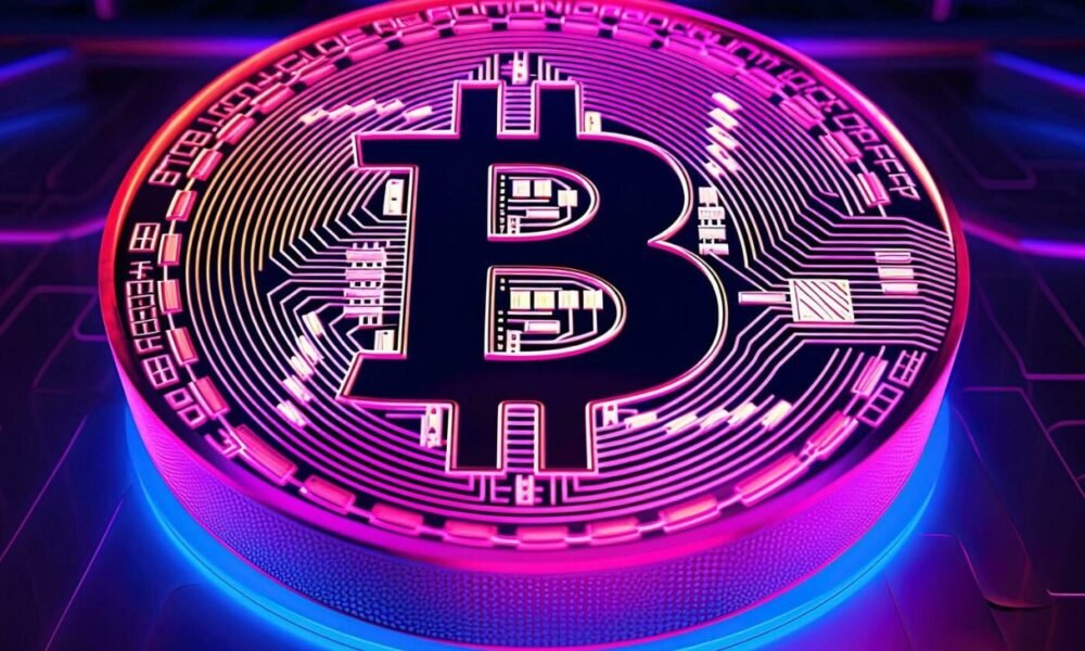 neon glowing bitcoin logo on a blue computer chip background